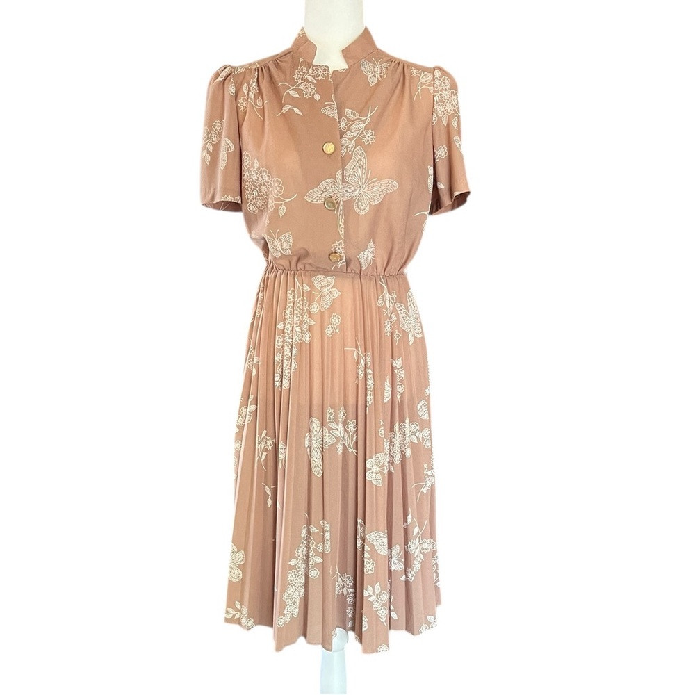 Vintage Midi Dress Brown Pleated Skirt White Butterflies Cottagecore No Size